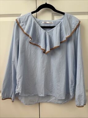 Light Blue Ruffle-Trim Long Sleeve Blouse